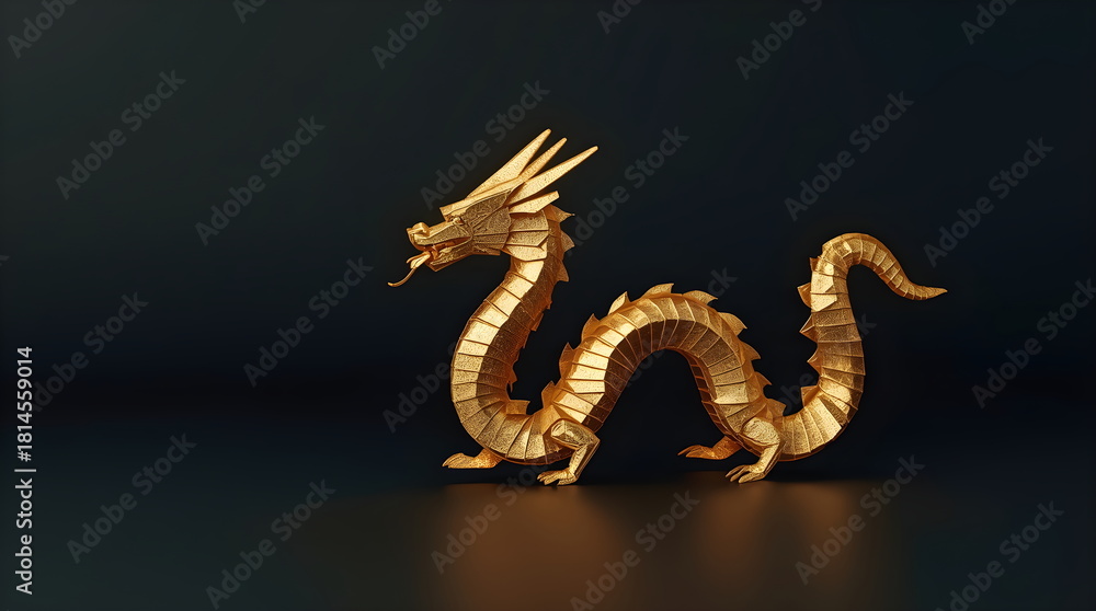 Fototapeta premium Golden origami style dragon statue on dark background