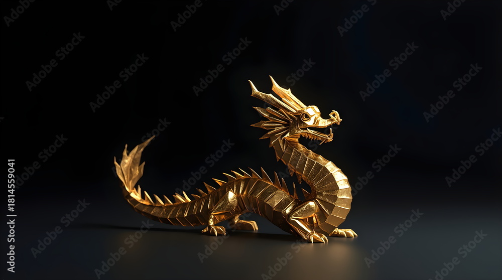 Fototapeta premium Golden origami style dragon statue on dark background