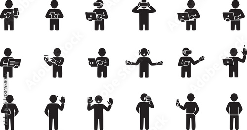A collection of stick figure icons illustrating people using and interacting with various modern digital technologies