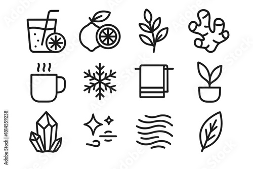 Seasonal Detox Icons. Seasonal Cleanse Icons linear icon set: detox drink, lemon, herbs, ginger root, hot water mug, snowflake, towel, plant, crystal, sparkle dust, mist, leaf