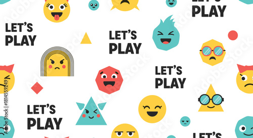 Seamless childish pattern with funny cartoon emoticons geometric shapes and the phrase let's play for kids on a white background.