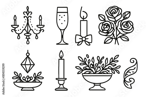 Elegant Celebration Icons. Elegant Celebration Décor linear icon set: chandelier, champagne flute, rose bouquet, satin bow, tall candle, crystal ornament, table centerpiece, ornate