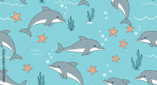 Adorable seamless underwater pattern with cute cartoon dolphins starfish and seaweed on a light blue sea background for kids.
