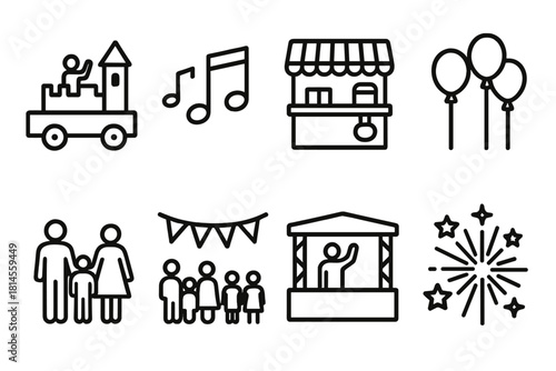 Community Celebration Icons. Community Festivities linear icon set: parade float, music notes, food stall, balloons, families, flag bunting, stage, fireworks burst
