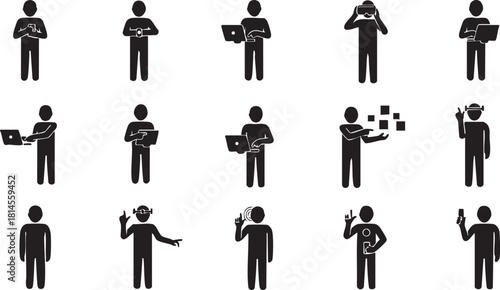Stick figures illustrating various human actions, interactions, and engagement with technology, such as using laptops, communicating, and thinking