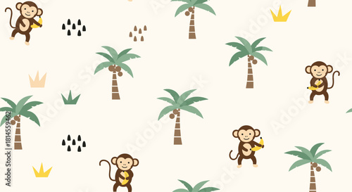 Childish seamless pattern with cute cartoon monkeys holding bananas and palm trees in a jungle theme for kids' room decor.