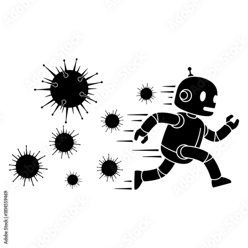 Cute Robot Mascot Running From Virus Vector Silhouette Icon