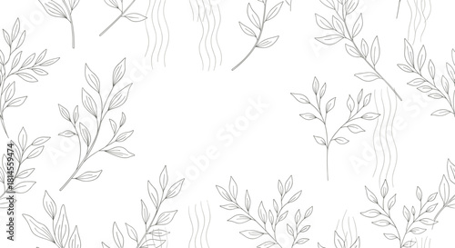 Minimalist botanical background with hand-drawn outline branches and leaves providing a central copy space for text or design.