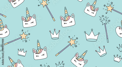 Adorable seamless kids pattern with cartoon unicorn faces magic wands and royal crowns on a pleasant teal blue background.