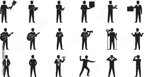 Set of black silhouette icons representing various male professions and activities like artist, musician, businessman, and photographer