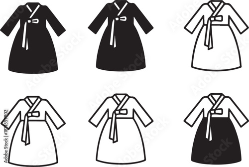 Isolated Hanbok Korea, Hanbok Korea icon, Korean Hanbok clothing, traditional attire, heritage dress, black vector fashion symbol, classic cultural design for buyers