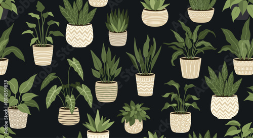 Seamless cozy pattern of various green houseplants in decorative ceramic pots on a dark background for a jungle-themed design.