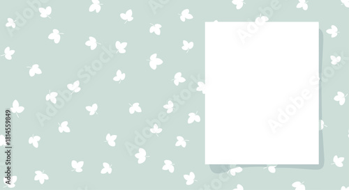 Gentle nature-themed background with a pattern of white leaves on sage green with a vertical frame for copy space and text.