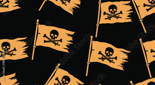 Seamless pattern of orange tattered pirate flags with a skull and crossbones symbol on a dark black background vector design.
