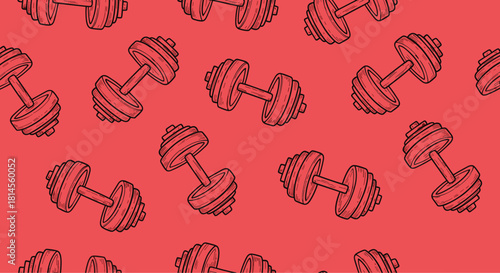 Seamless fitness-themed pattern of hand-drawn gym dumbbells for strength training on a vibrant solid red background vector art.