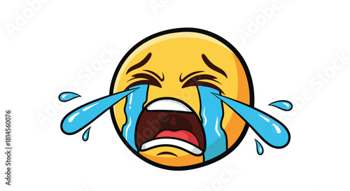 Crying face emoji with streams of tears showing intense sadness grief or pain isolated on a white background vector cartoon.