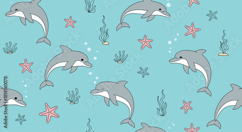 Seamless underwater world pattern for children with cute cartoon dolphins starfish and seaweed on a pleasant blue background.