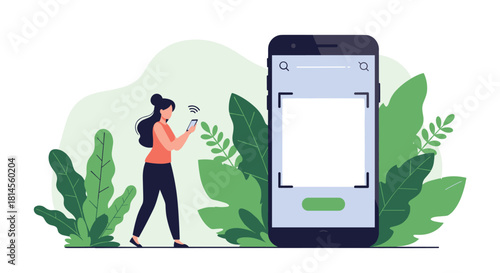 Woman using her smartphone to scan a QR code on a large mobile phone screen for digital payment or information access.