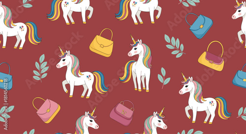 Whimsical seamless pattern with beautiful unicorns colorful handbags and green leaves on a rich dark red background for girls.