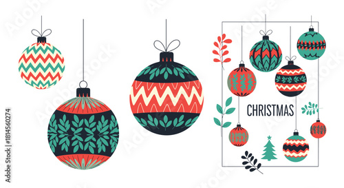 Collection of isolated Christmas ornaments and a greeting card design in a festive folk art style with intricate patterns.