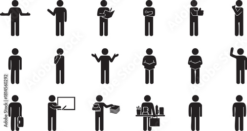 A collection of black stick figures illustrating various human actions, poses, and professional activities, including communication, work, and daily life scenarios, a