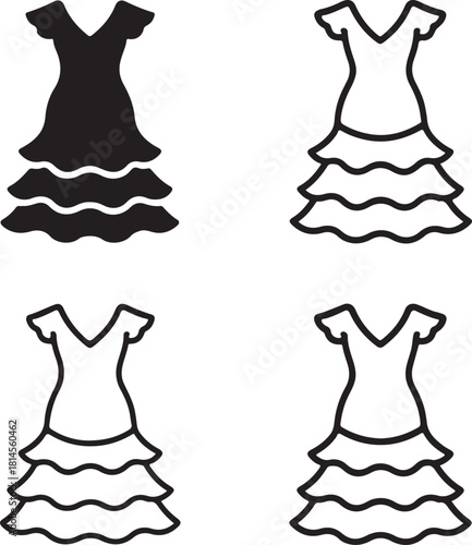 Isolated Flamenco Dress Spain, Flamenco Dress Spain icon, Spanish Flamenco Dress clothing, traditional attire, heritage costume, black vector fashion symbol, dance style design for buyers