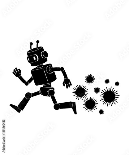Robot Running From Virus Security Breach & Malware Vector Icon
