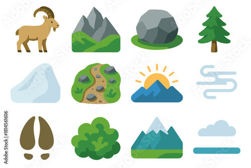 Alpine Goat Icons. Alpine Goat Scene flat icon set: mountain goat, ridge, boulder, pine, snow slope, rocky trail, sunrise, misty air, hoof mark, small bush, peak line, sky