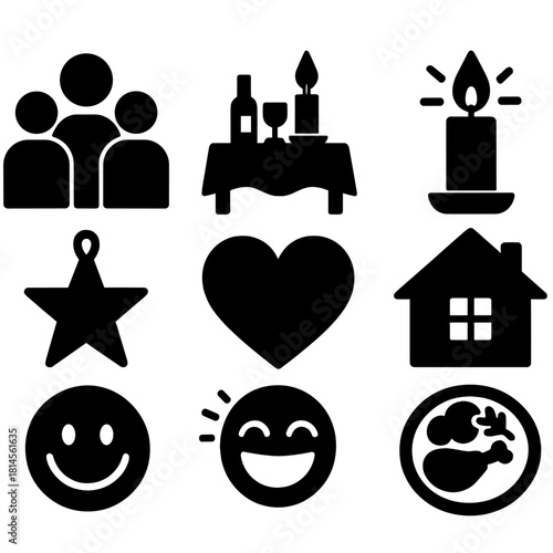 Festive Family Icons. Festive reunion silhouette icon set : family silhouettes, festive table, glowing candle, house, star ornament, heart, laughter, plate with food