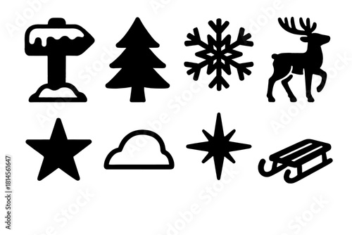 North Pole Icon Set. North Pole silhouette icon set : snow-covered signpost, pine tree, snowflake, reindeer, star, snow mound, sparkle, sled