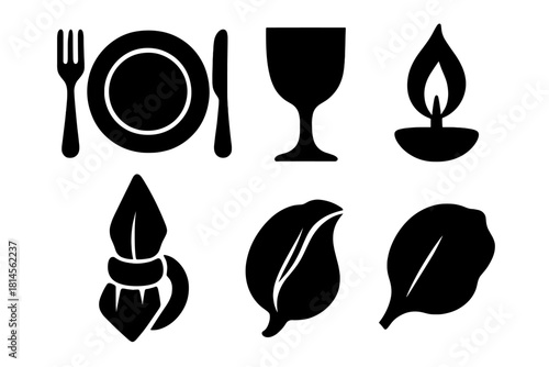 Brutalist Dining Icons. Graceful Dining silhouette icon set : elegant plate, knife and fork, glass goblet, candle flame, napkin ring, rose petal