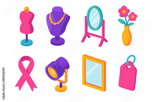 Vibrant Boutique Icons. Boutique Showcase flat icon set: mannequin, jewelry stand, mirror, flower vase, ribbon, spotlight, frame, tag