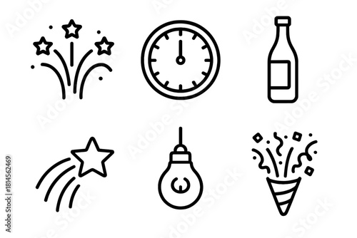 Midnight Celebration Icons. Midnight Cheer linear icon set : fireworks arc, clock striking twelve, wine bottle, star trail, glowing lamp, confetti burst