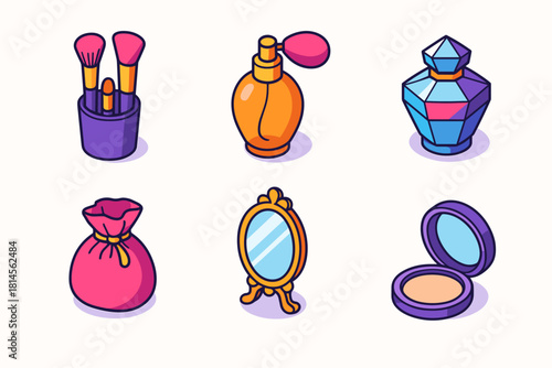 Luxury Vanity Icons. Luxury Vanity flat icon set: makeup brush set, perfume atomizer, crystal jar, silk pouch, ornate mirror, compact powder