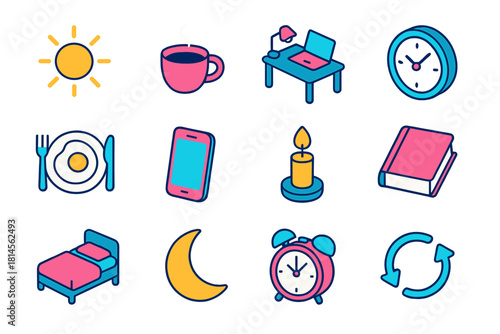 Daily Rhythm Icons. Daily Rhythm flat icon set: morning sun, coffee cup, work desk, clock, lunch plate, phone, evening candle, book, bed, moon, alarm, cycle arrow