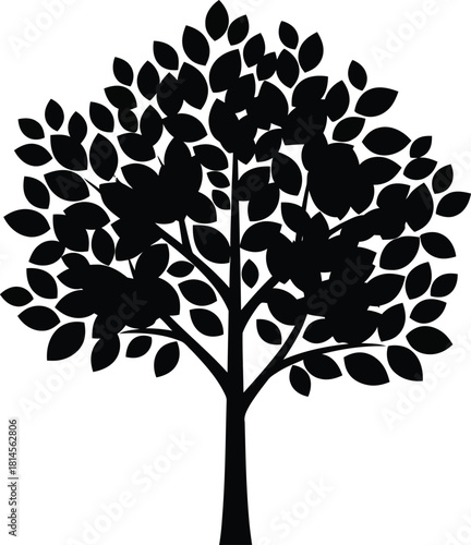 Minimalist black silhouette of a mature tree with a dense foliage, symbolizing nature, environment, and sustainable growth, isolated on white background
