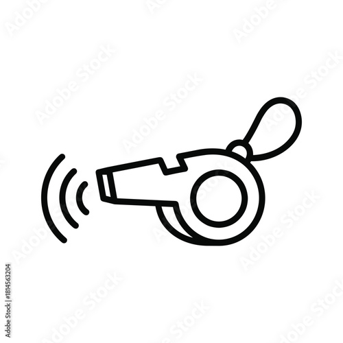 Simple black and white line art icon of a blowing whistle with sound waves, isolated on
