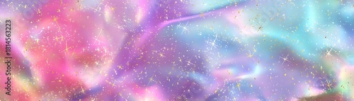 Glittering gradient background with hologram effect and magic lights. Holographic abstract fantasy backdrop with fairy sparkles, gold stars and festive blurs Panoramic banner 80s 90s Y2K style.


