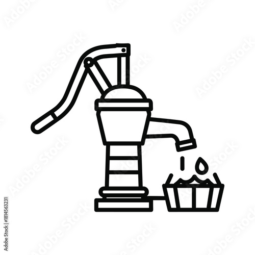 Simple black and white line icon of an oldfashioned hand water pump dispensing water into a small container isolated on