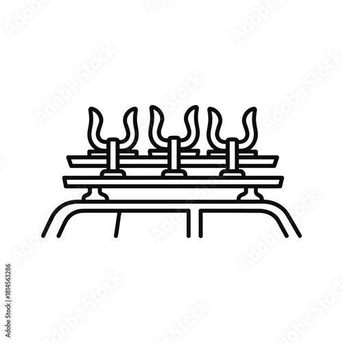 Black and white line icon of a roof rack with fishing rod holders mounted on top of a vehicle silhouette isolated on
