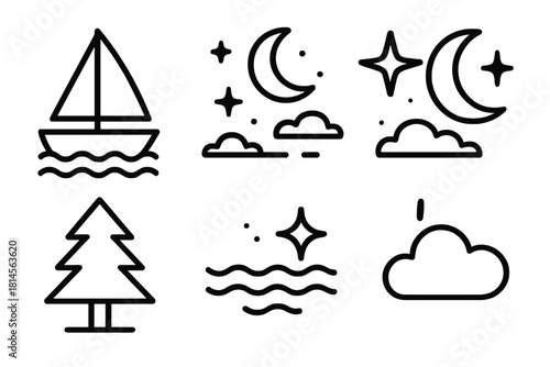 Serene Sailboat Night. Silent voyage linear icon set : sailboat, night sky, moon, star, snow-covered pine, calm water, sparkle, cloud