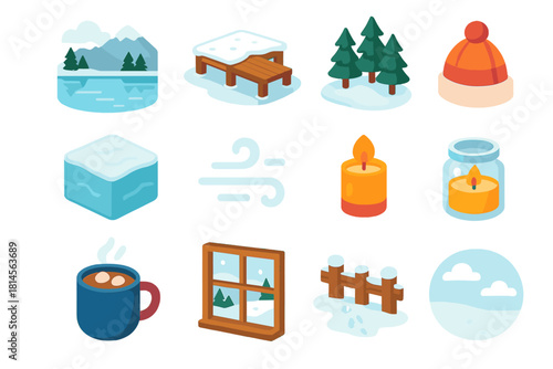Icy Winter Icons. Peaceful Icy Escape flat icon set: lake reflection, snow-covered pier, pine trees, frozen water, misty air, wool hat, candle jar, window view, wooden fence, hot