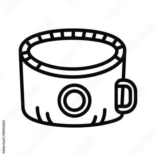 Simple black and white line icon representing a portable hot tub or inflatable spa with a handle and control button, isolated on