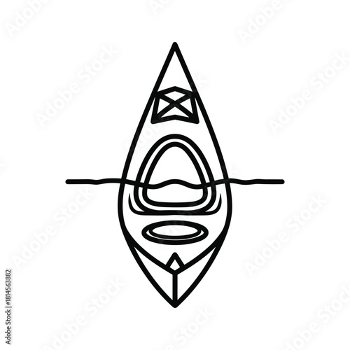 Simple black and white line art icon representing a kayak seen from above, floating on water, isolated on