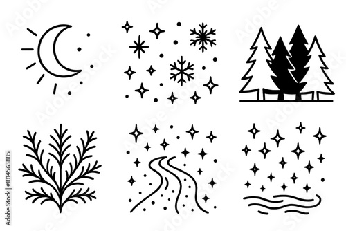 Enchanted Winter Night. Magical Snow Night linear icon set: glowing moon, twinkling stars, falling snow, forest shadow, frost pattern, icy path, sparkling air, night mist