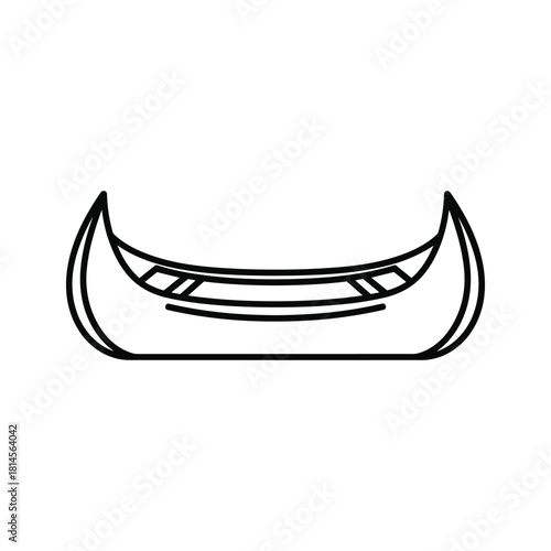 Simple black and white line art icon of a canoe viewed from the front, isolated on