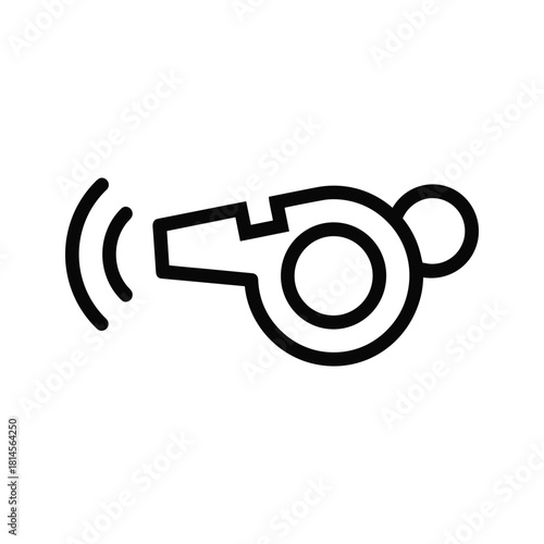 Simple black and white line icon of a blowing whistle with sound wave graphic, isolated on