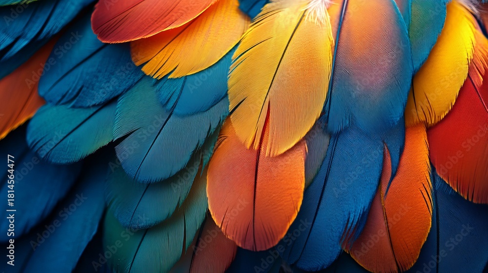 Obraz premium Stunning vibrant parrot feathers create a visually arresting texture, perfect for backgrounds, designs, and adding a colorful tropical touch