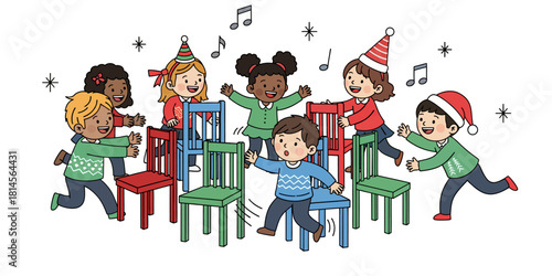 A cheerful flat vector illustration featuring a group of children of various ethnicities happily playing a game of musical chairs during a holiday party or Christmas celebration.