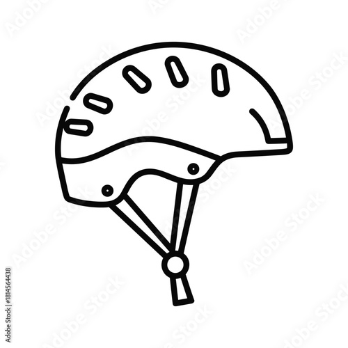 Simple black and white outline icon drawing of a protective sports helmet with ventilation holes and chin strap, isolated on